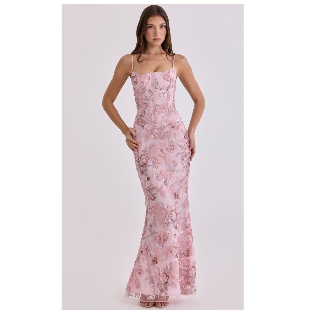 NEW HOUSE OF CB Naima Pink Hand Beaded Embellished Corset Gown Size XS